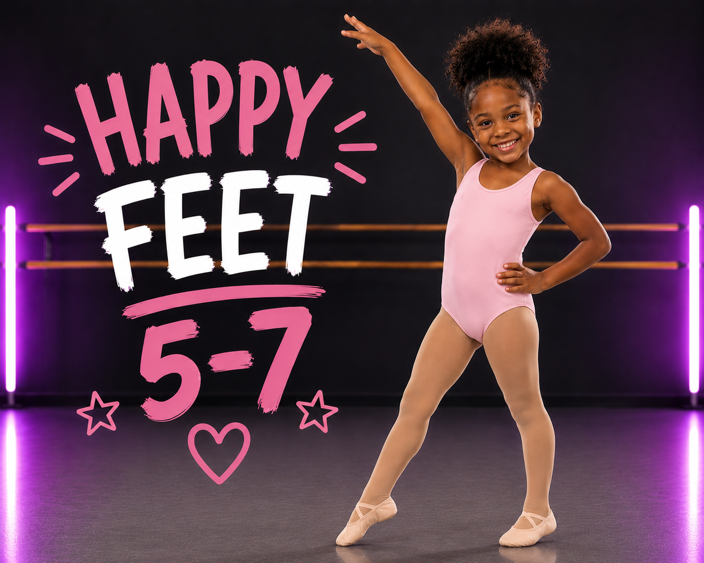 Happy Feet 5-7 dance class graphic with a smiling child posing in pink leotard and ballet shoes