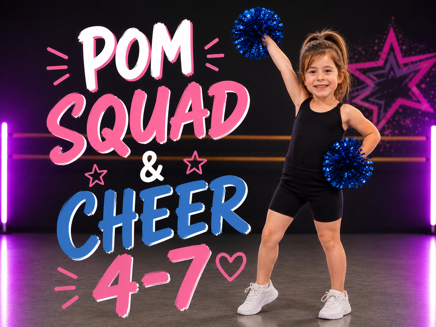 Pom squad and cheer 4–7 poster with a girl holding blue pom-poms on a neon pink and black background