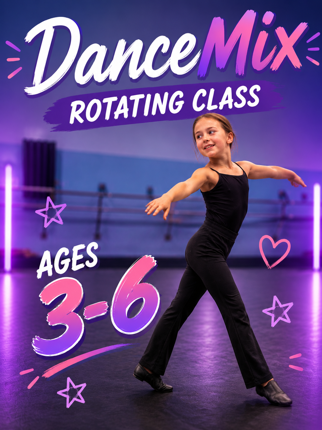 Dance Mix rotating class poster with a dancer on a purple background, ages 3–6.