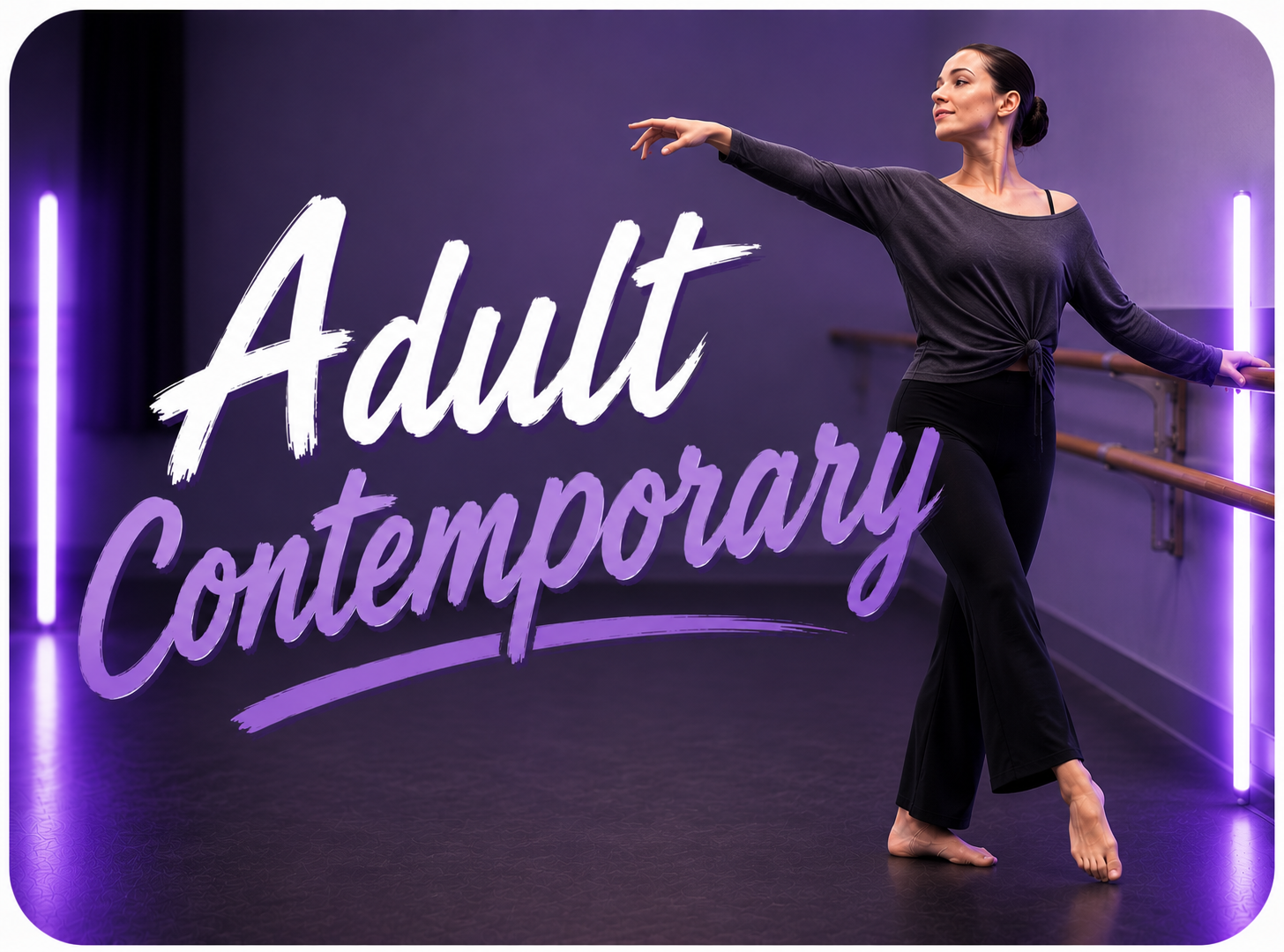 Adult Contemporary dance class poster with a dancer posing on a purple stage background