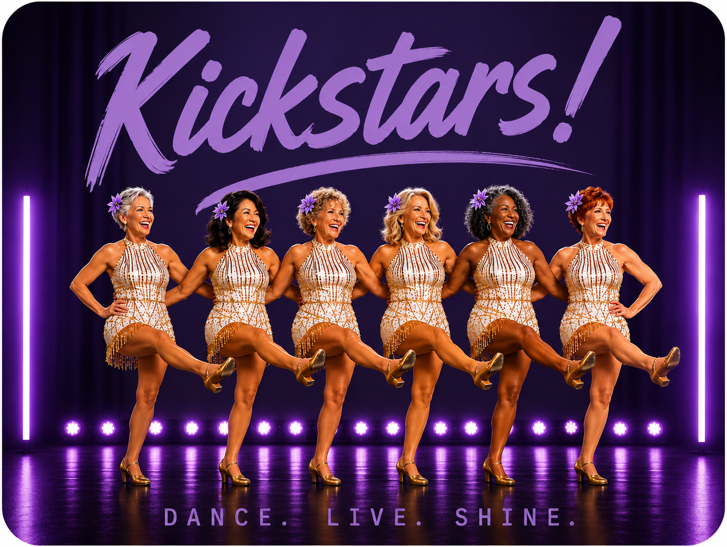 Kickstars! dance troupe posing on a purple-lit stage with neon text and five performers in matching outfits