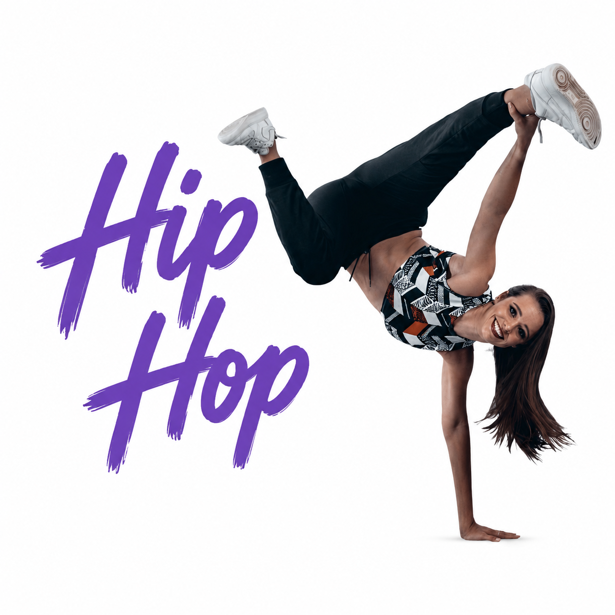 Hip hop dancer in a one-hand handstand with purple “Hip Hop” text on a white background