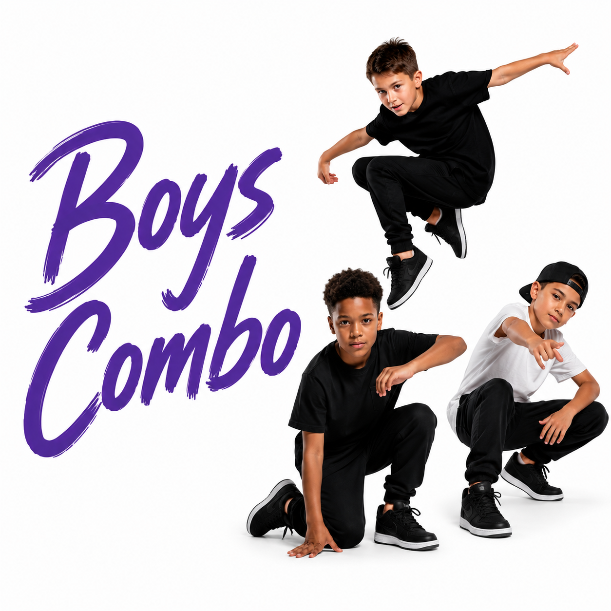 Four boys in black and white outfits posing in dynamic dance moves beside purple text “Boys Combo”