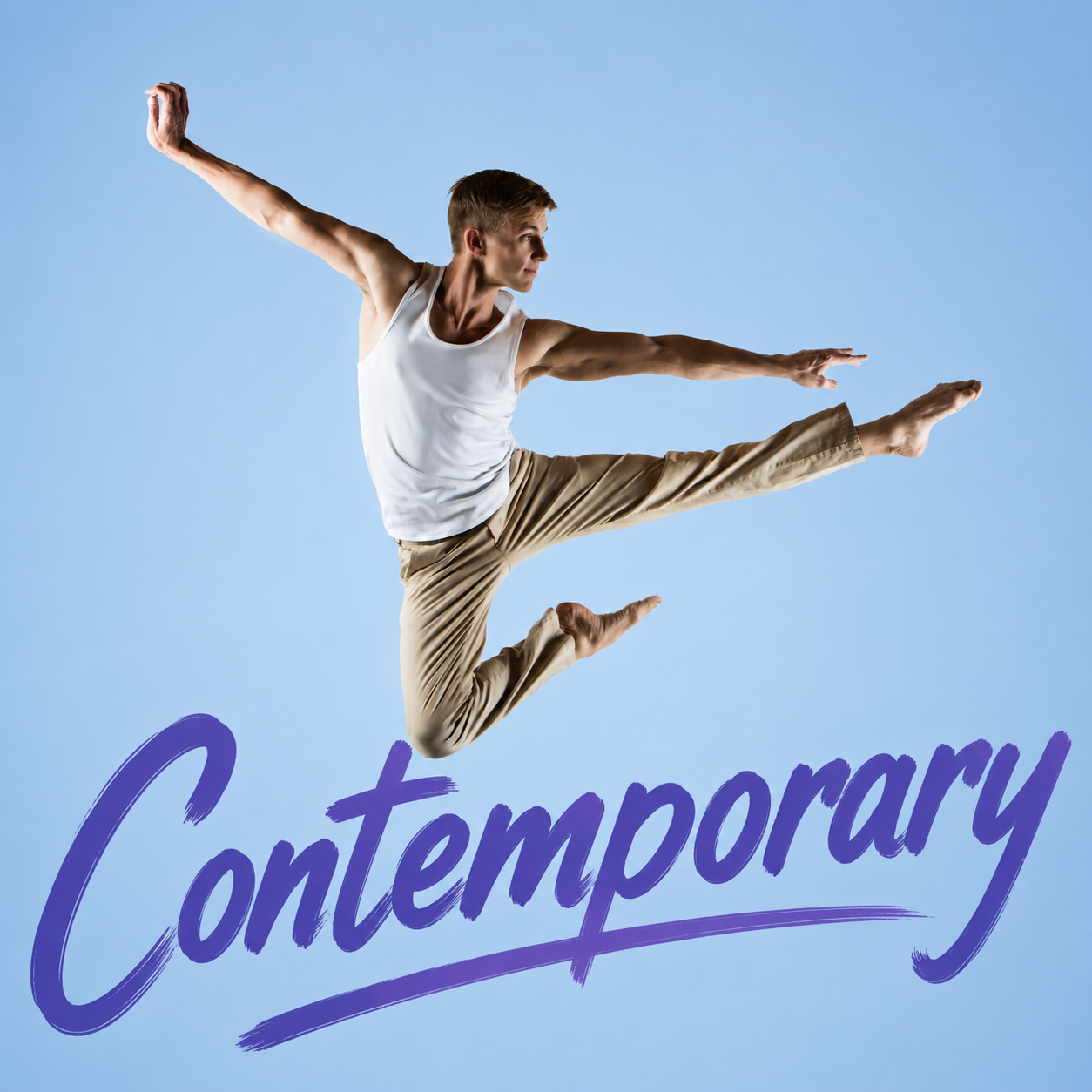 Contemporary dancer mid-air in a white top and beige pants against a blue background