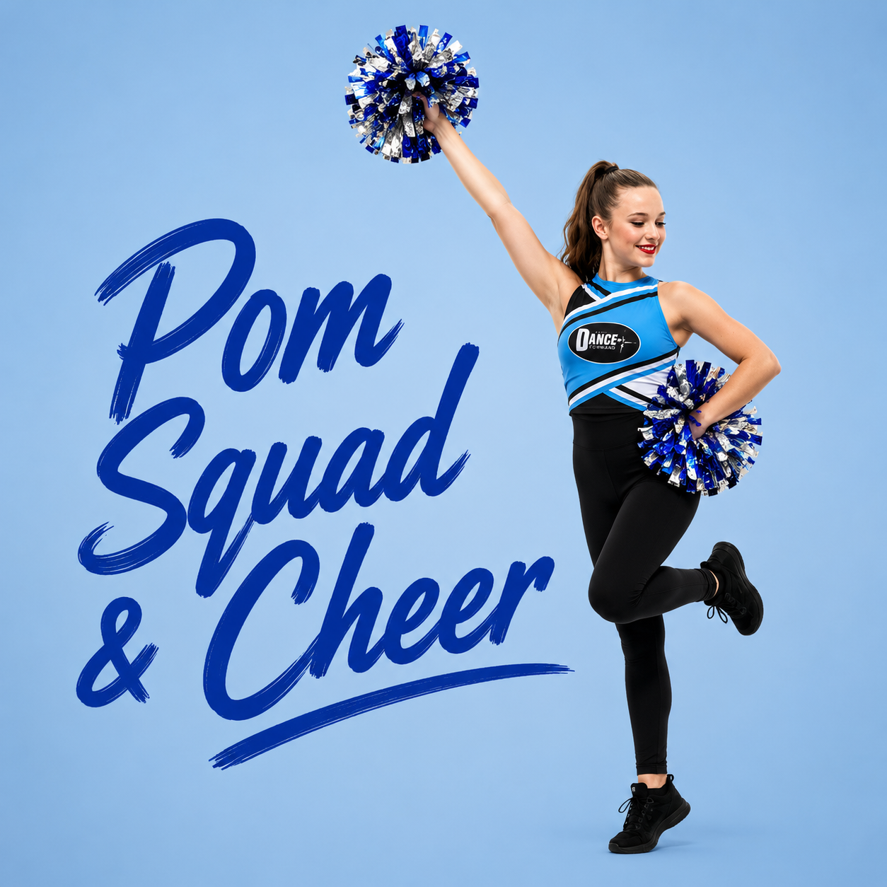 Pom squad and cheer text beside a smiling cheerleader in blue and black holding pom-poms