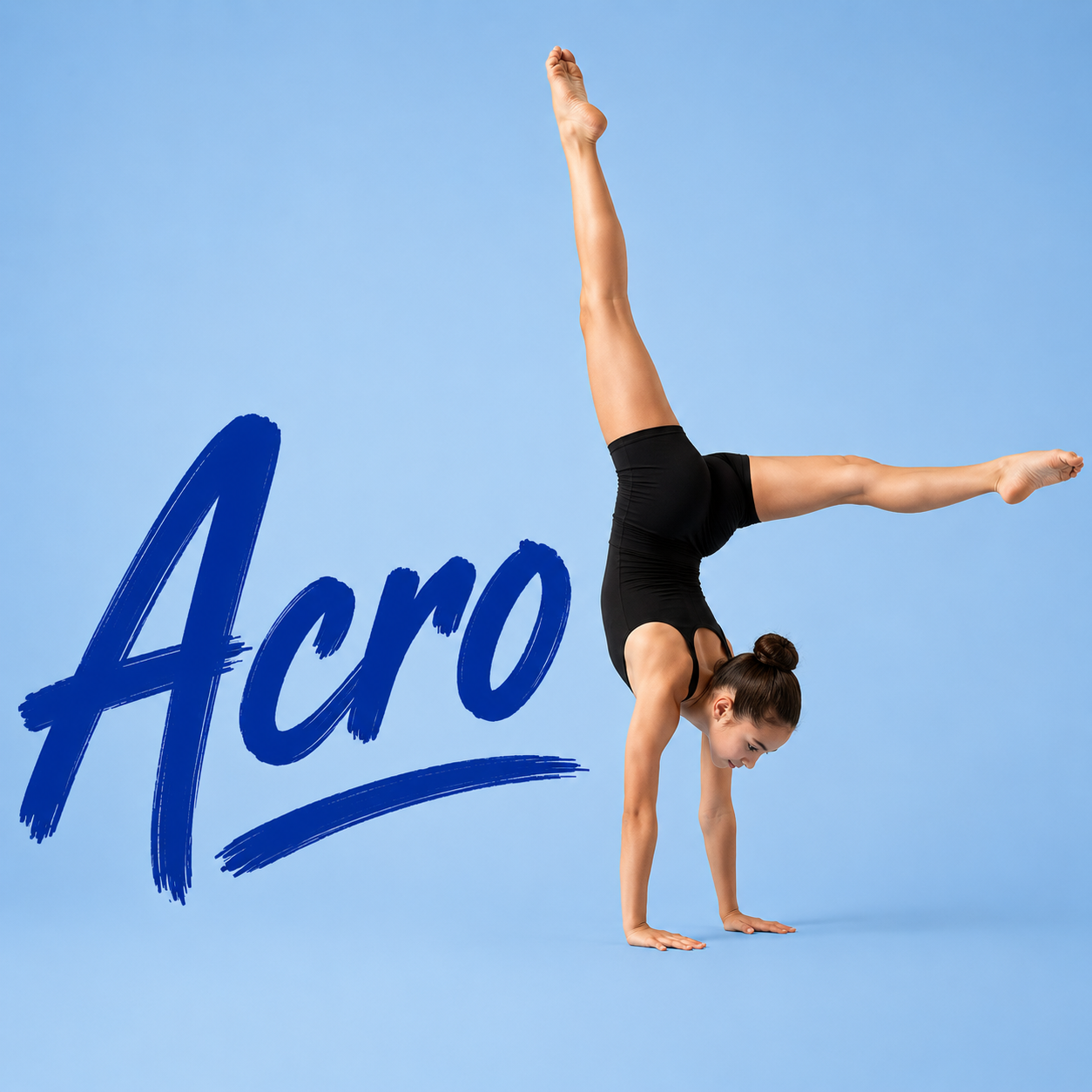 Acrobat in black leotard doing a handstand split against a blue background