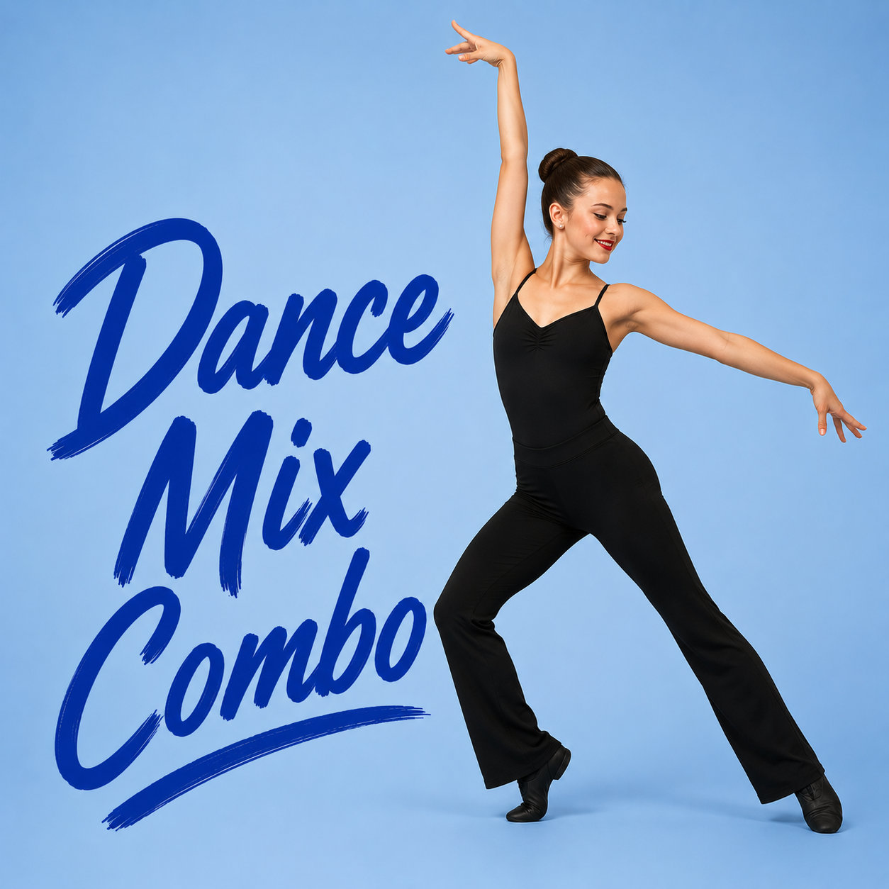 Dancer in black leotard posing on blue background with “Dance Mix Combo” text