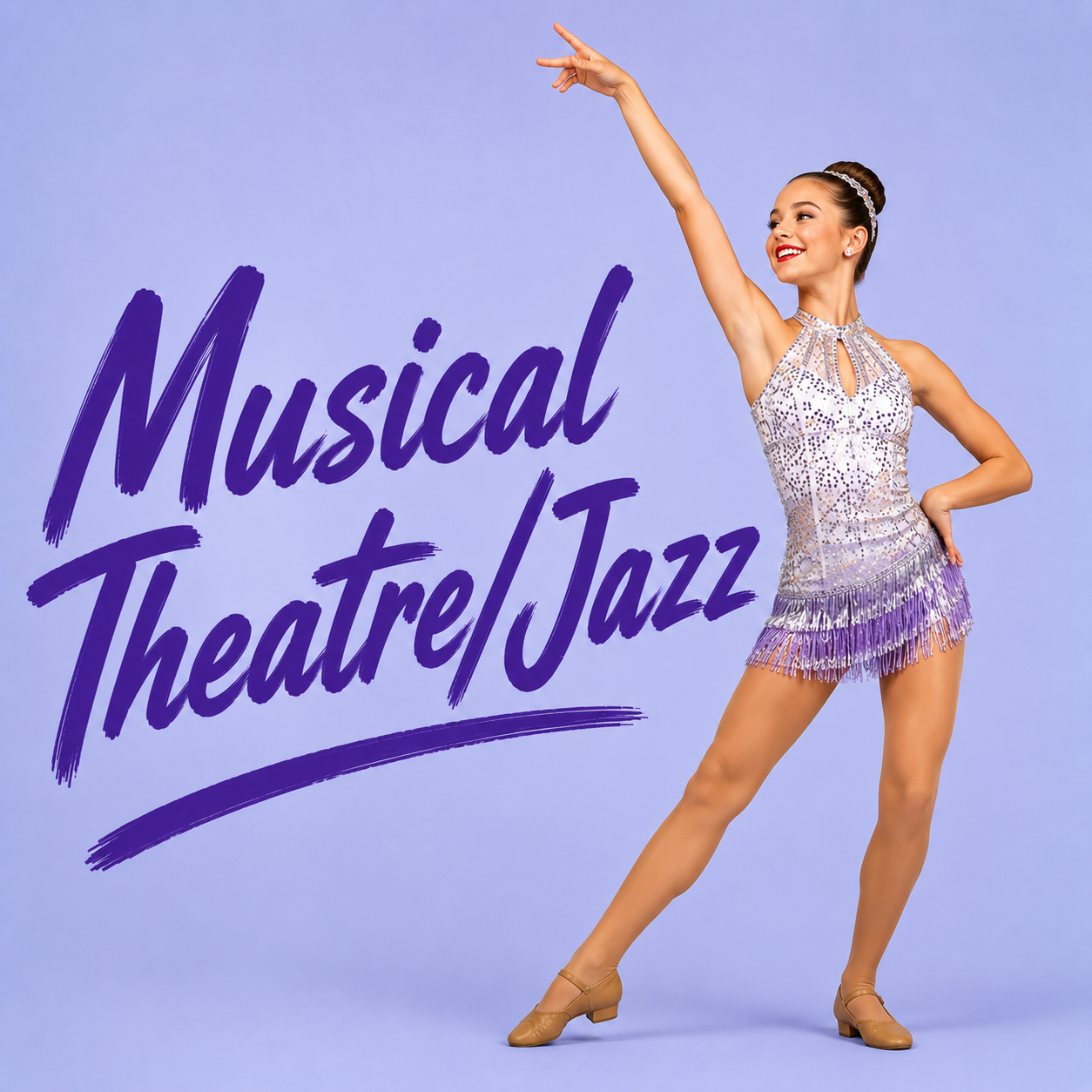 Musical Theatre Jazz poster with a dancer in a sparkly purple costume posing on a lavender background