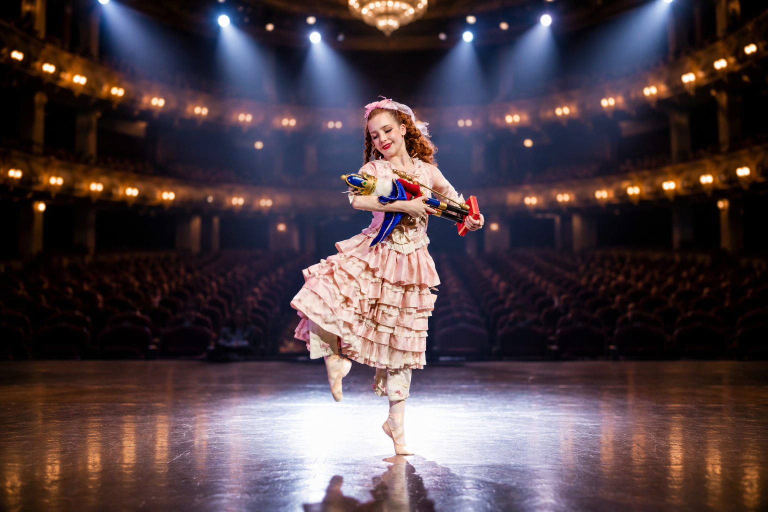 Young dancer in a pink dress performing on a lit theater stage with flowers in hand