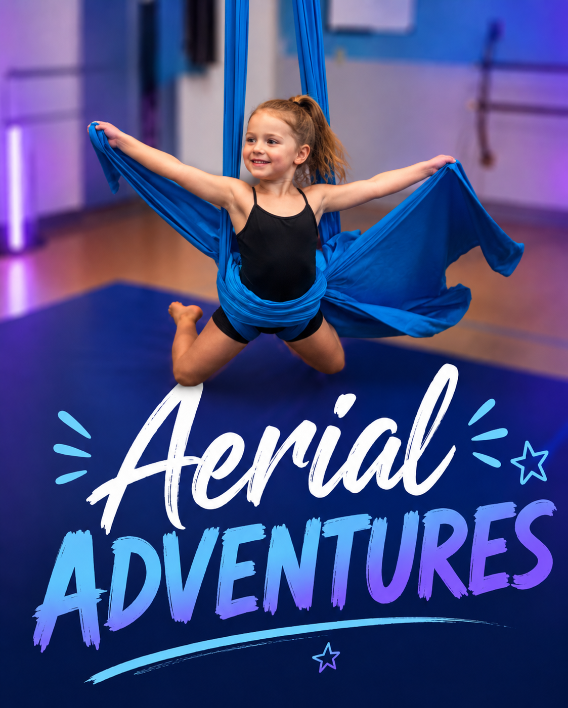 Aerial performer in blue silks with “Aerial Adventures” text on a purple stage backdrop
