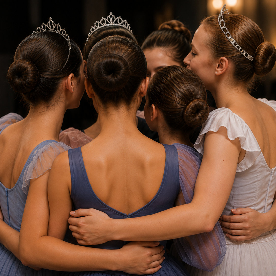 Five ballerinas in tiaras and tutus embrace in a group hug backstage.