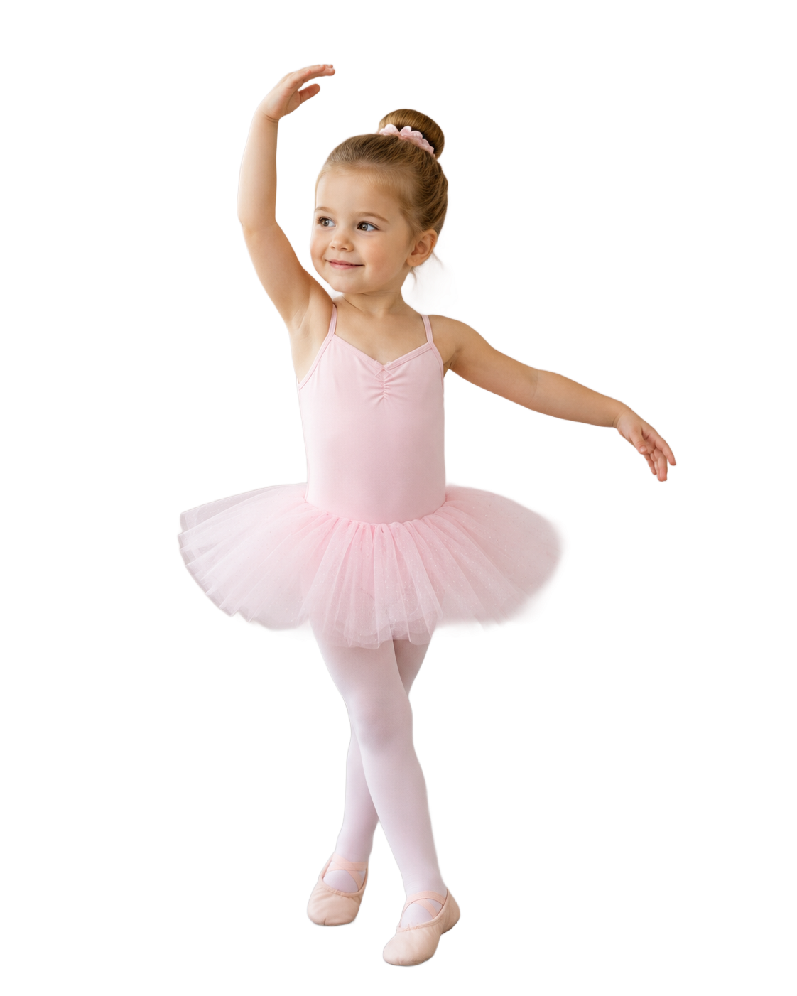 Young ballet dancer in a pink tutu, posing with one arm raised on a white background