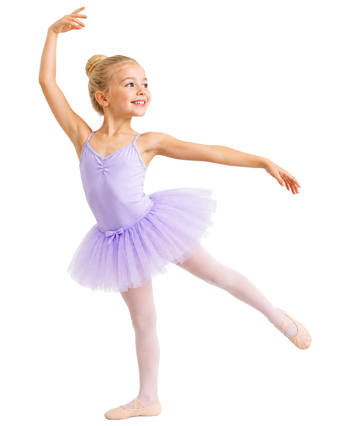 Young ballet dancer in a lavender tutu posing on one foot with arms extended