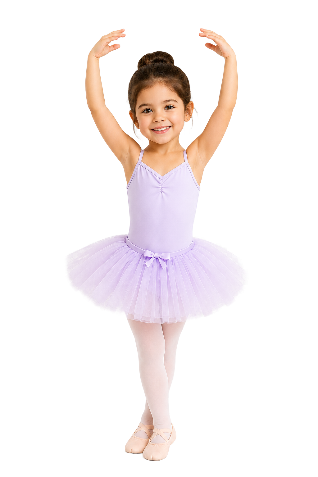 Young ballerina in a lavender tutu and tights posing with arms raised, smiling on a white background