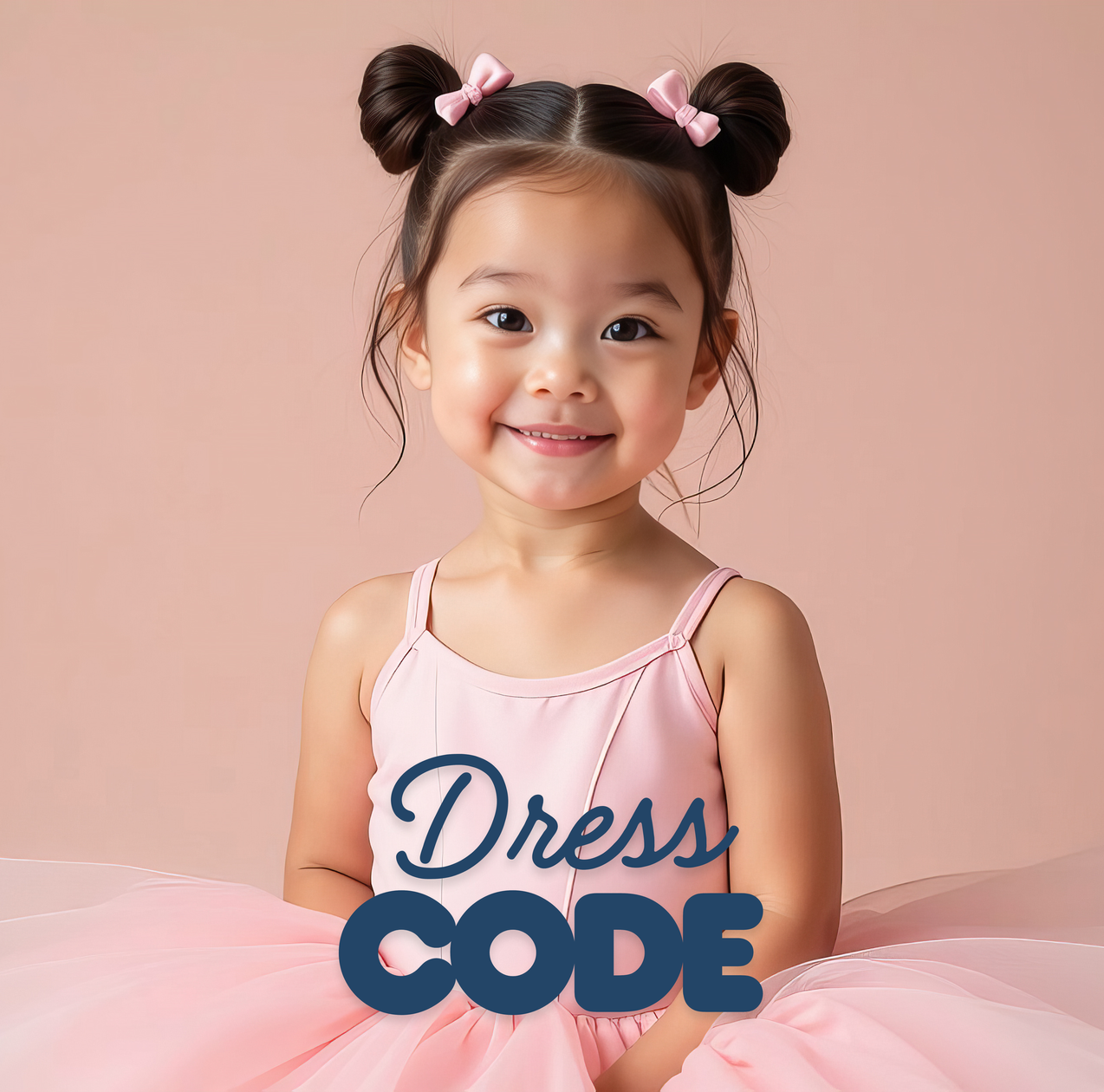 Smiling child in pink ballet dress with twin buns, standing against a pink background with “Dress CODE” text