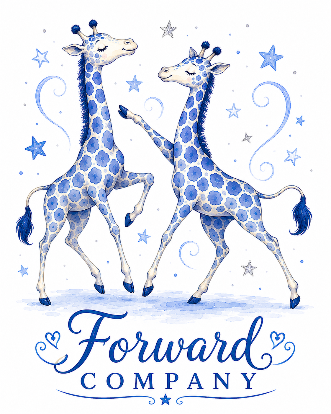 Blue giraffes dancing above the words “Forward Company” on a white background