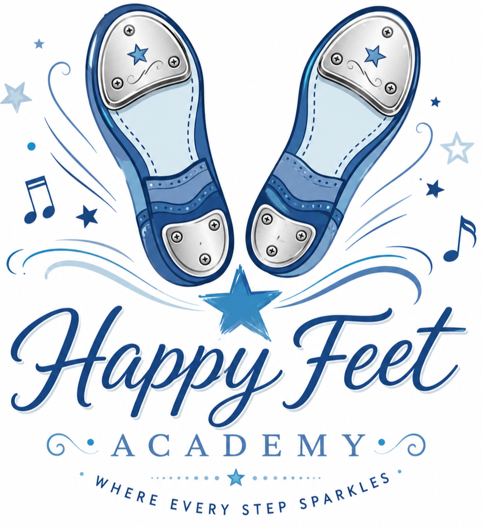 Happy Feet Academy logo with blue sandals, stars, and musical notes on a white background
