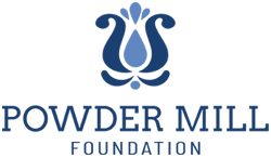 Powder Mill Foundation logo with blue emblem and text on white background