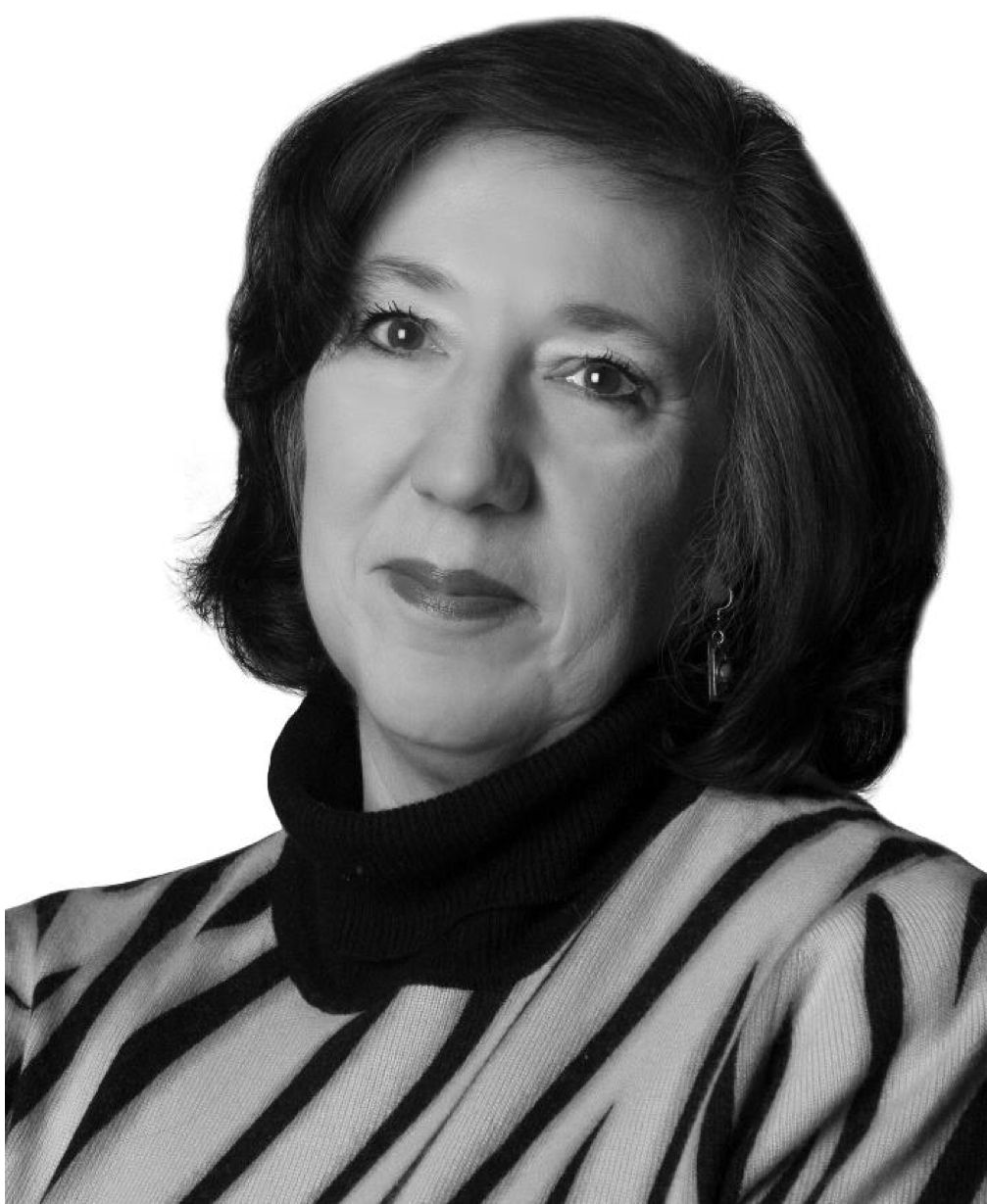 Black-and-white portrait of a woman wearing a striped top and dark turtleneck, looking at the camera.