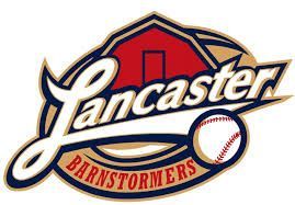 Lancaster Barnstormers baseball team logo with red, blue, and gold script and baseball graphic