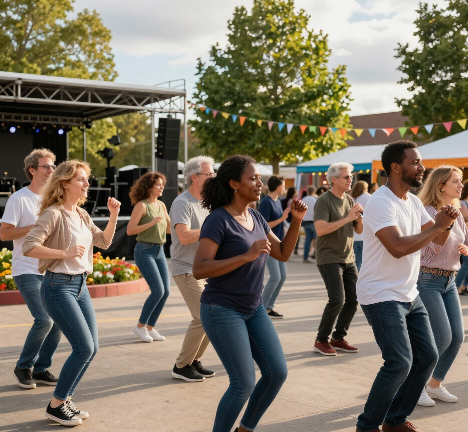 People dancing in a line outdoors at a lively community event, with stage lights and bunting in the background