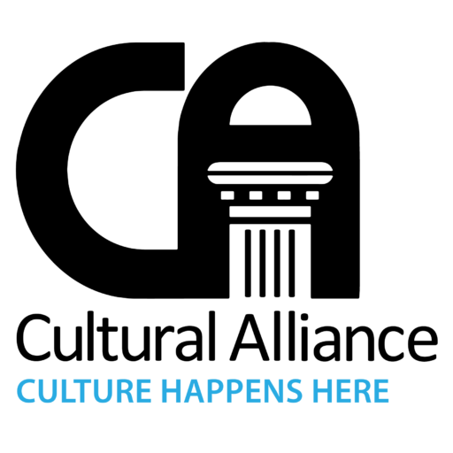 Cultural Alliance logo in black and blue with column graphic and tagline “Culture Happens Here”