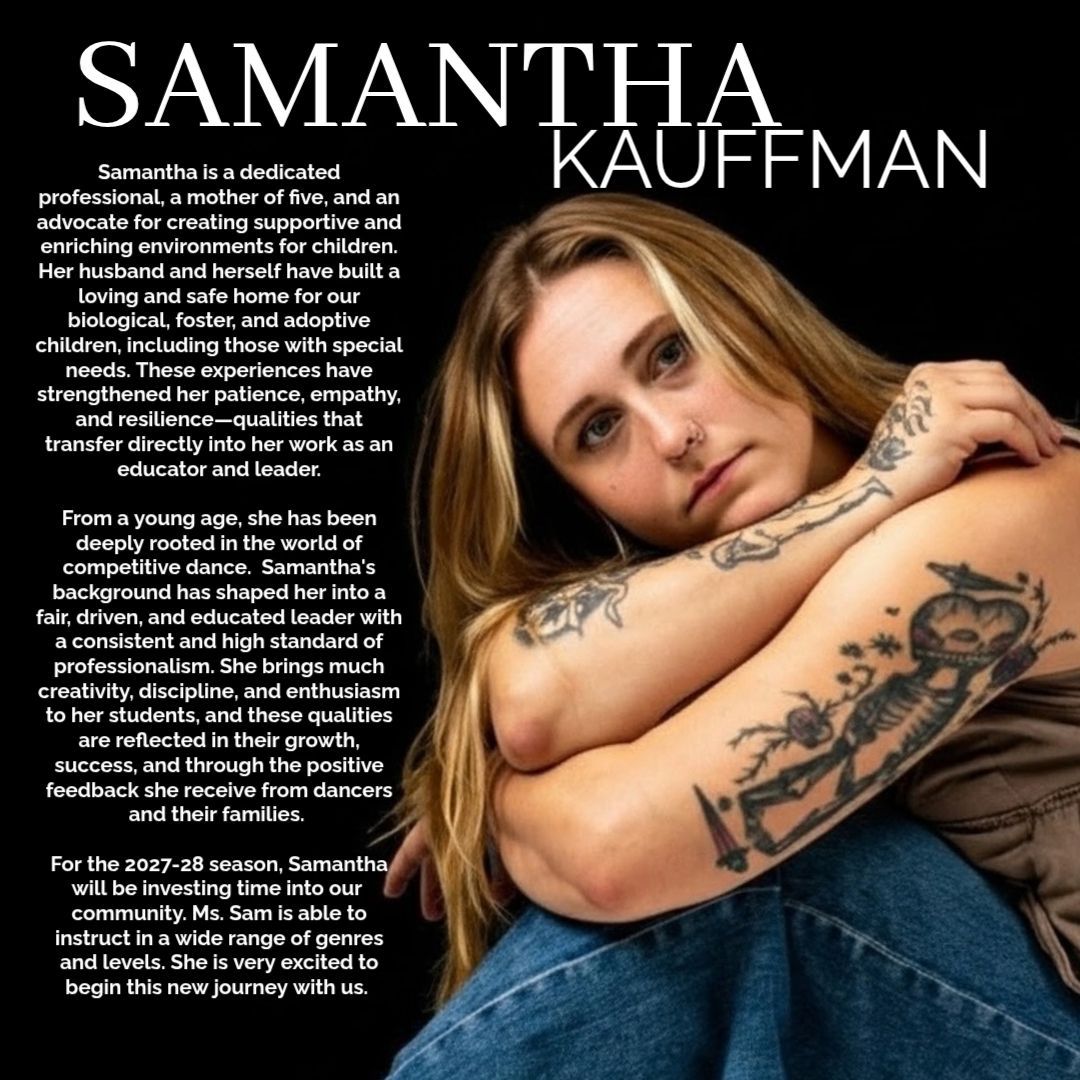 Samanta Kauffman portrait with black background, blonde hair, tattooed arm, and white text biography overlay