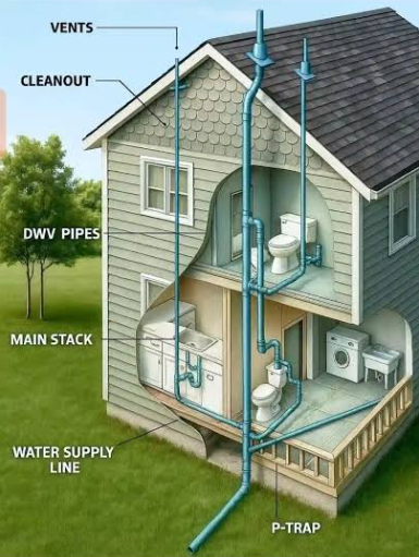 Cutaway of a house plumbing system labeled vents, cleanout, DWV pipes, main stack, water supply line, and P-trap