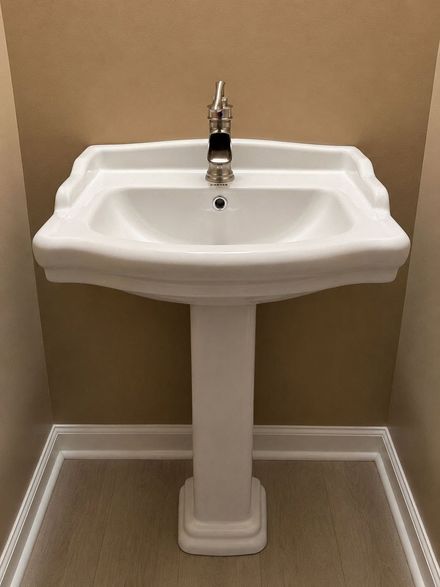 White pedestal sink with chrome faucet against beige walls and tiled floor.
