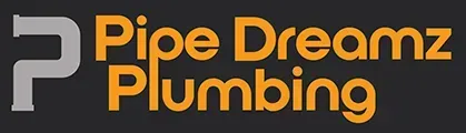 A logo for pipe dreamz plumbing on a black background