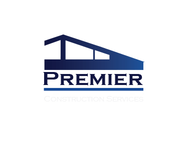 A blue and white logo for a construction company called premier construction services.