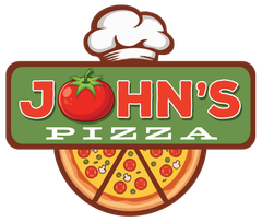 John's Pizza restaurant logo with a pizza slice, red letters on a tan background, and the text 