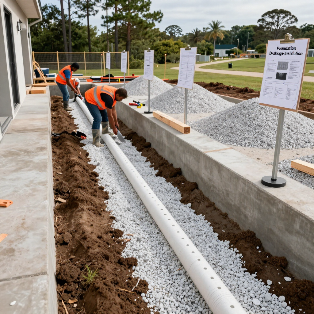 Workers installing underground pipes along a gravel trench at a construction site