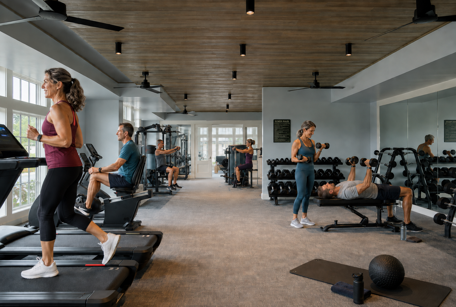 Gym interior with exercise equipment and two people working out.