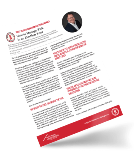 Tilted white newsletter page with red headlines, black text, circular portrait, and red footer banner on white background