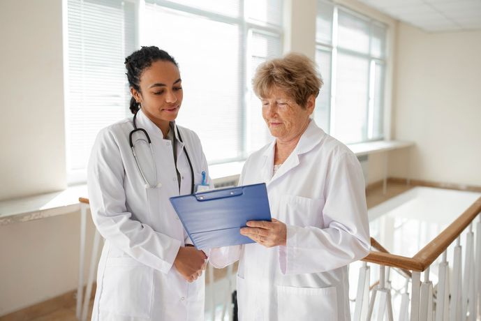 Doctor reviewing a patient’s chart with an older woman in a bright hospital hallway
