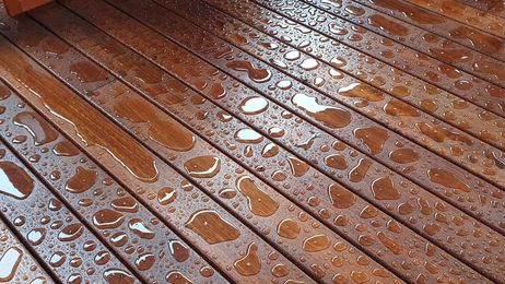 Wooden deck with water droplets beading on the surface.