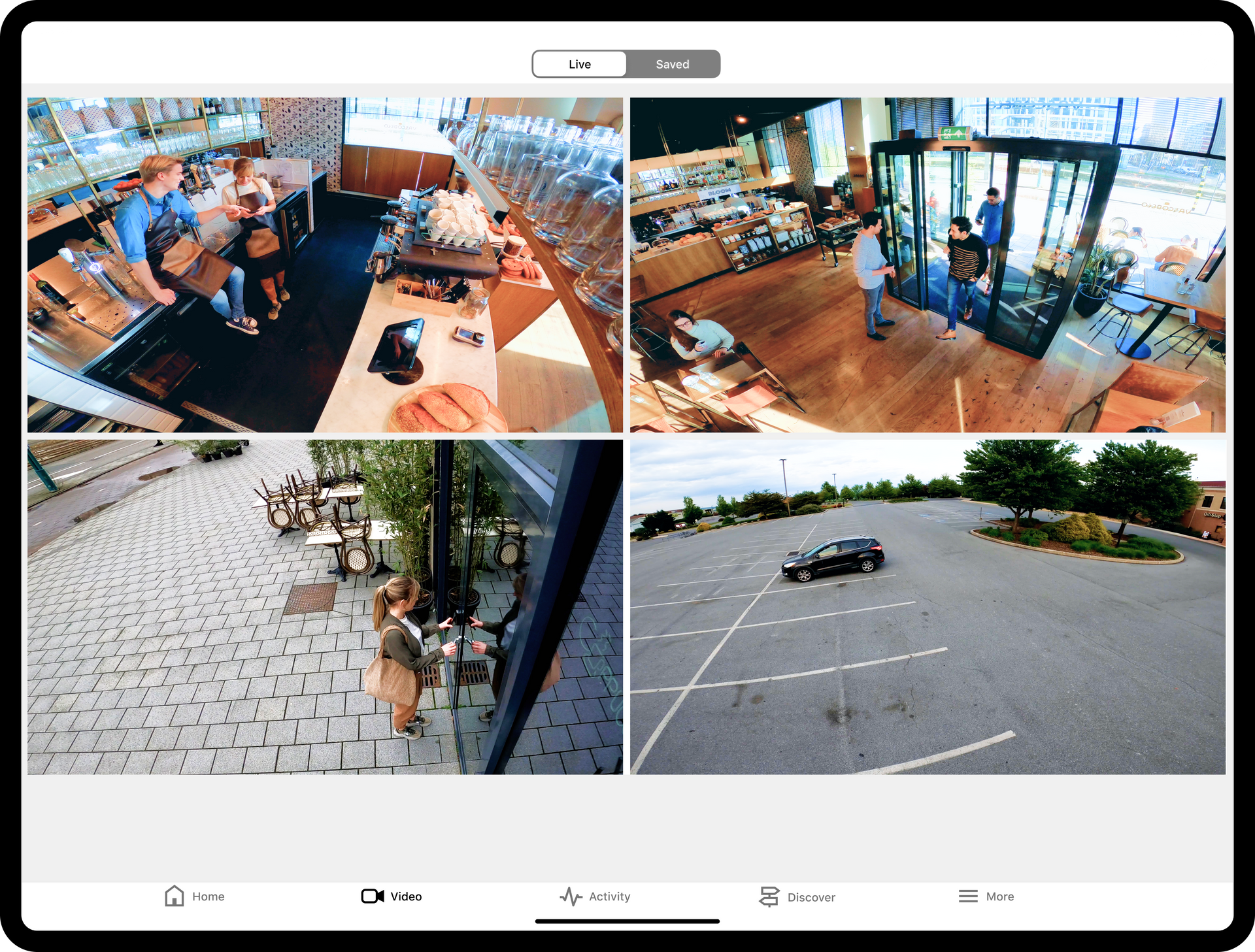 A tablet screen shows four different images of a bakery and a parking lot.