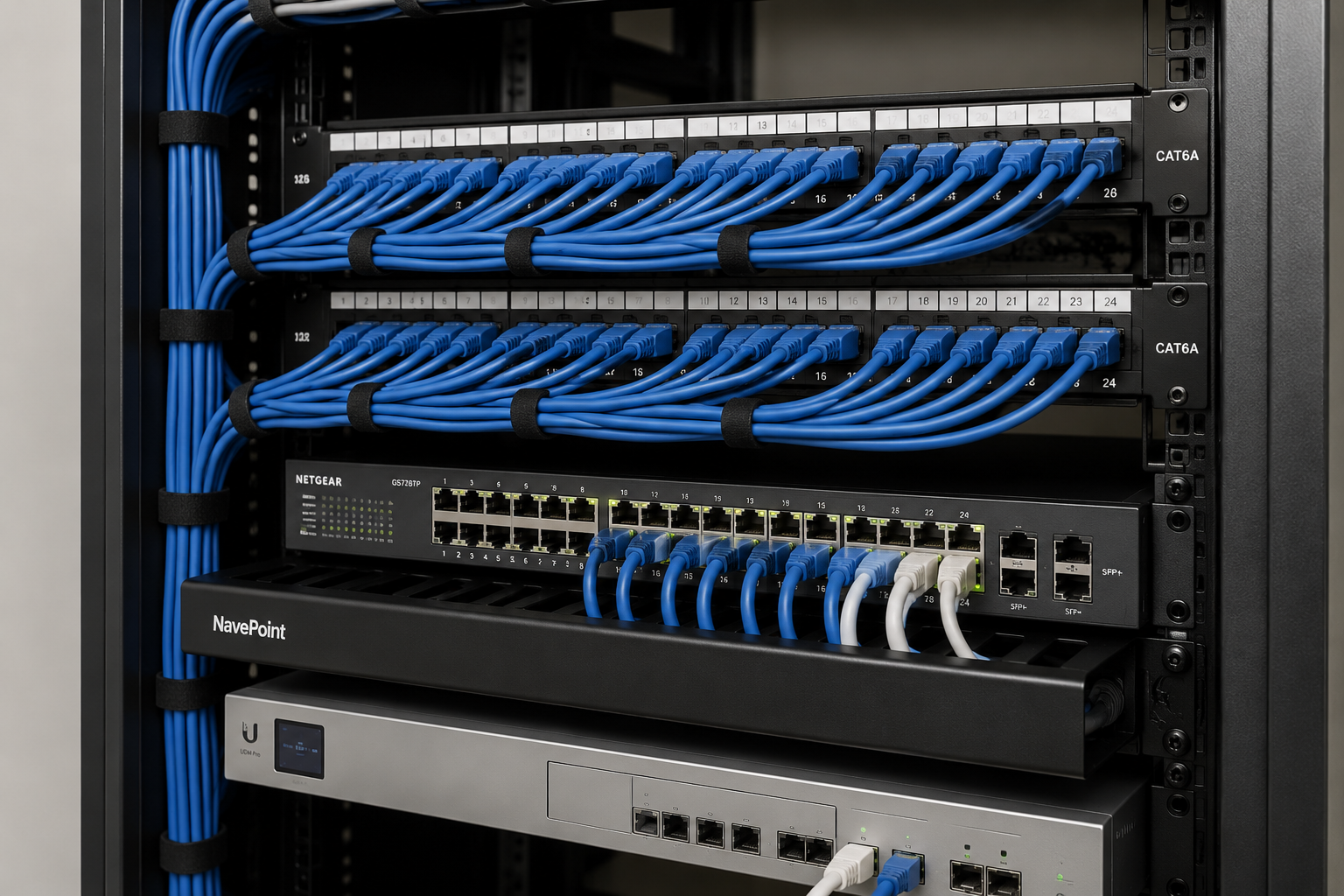Server rack with blue network cables connected to patch panels and switches