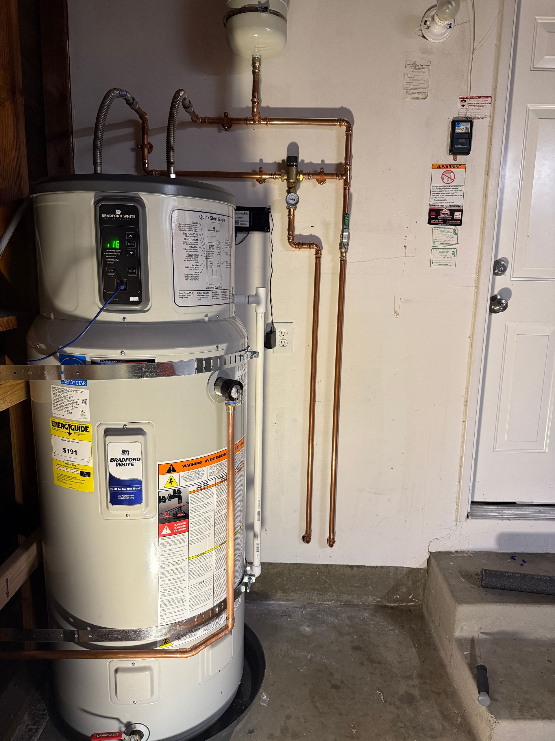 Gas water heater and plumbing pipes in a utility room.