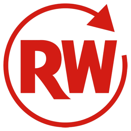 A red rw logo with an arrow around it
