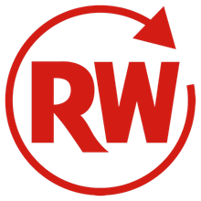 A red rw logo with an arrow around it