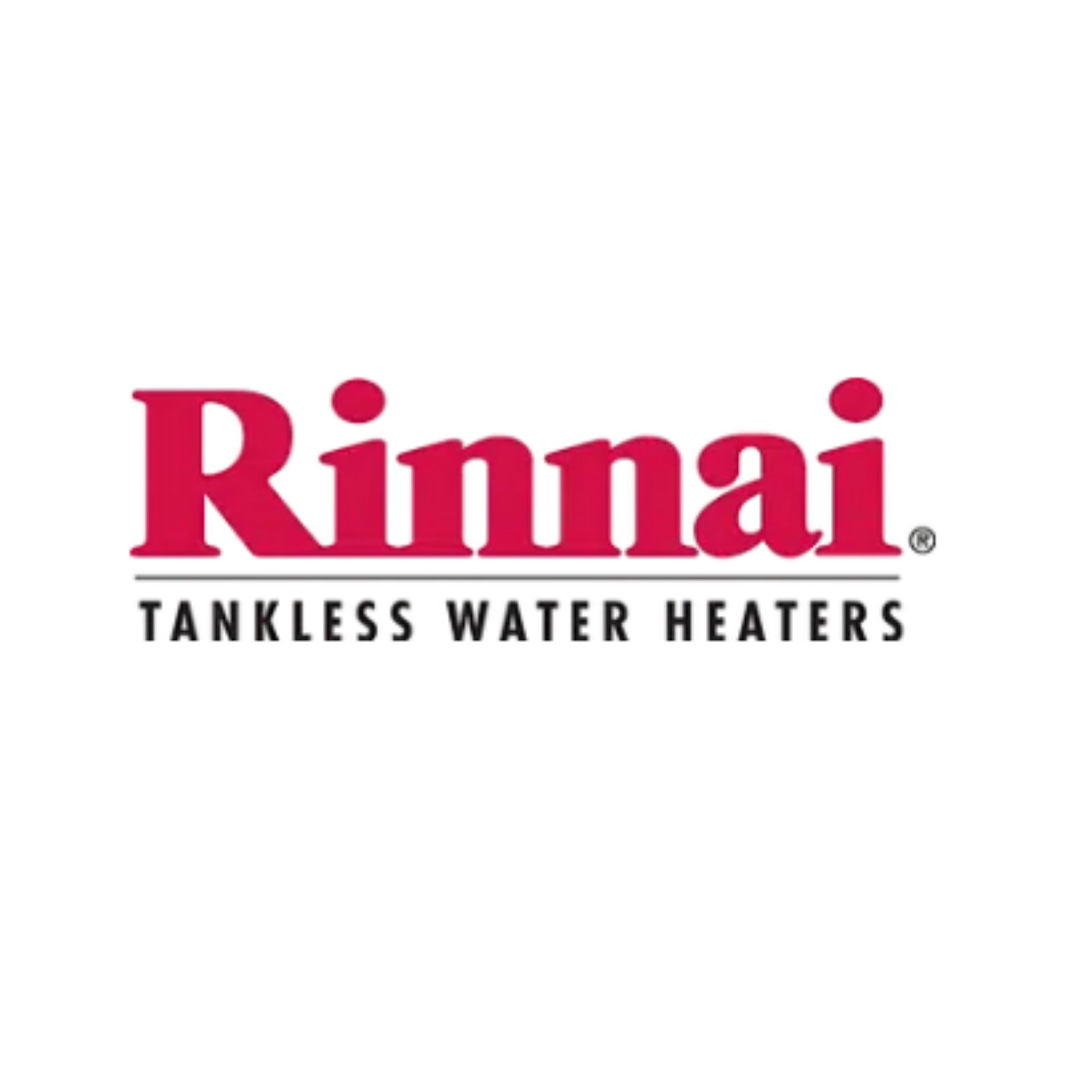 The logo for rinnai tankless water heaters is red and white.