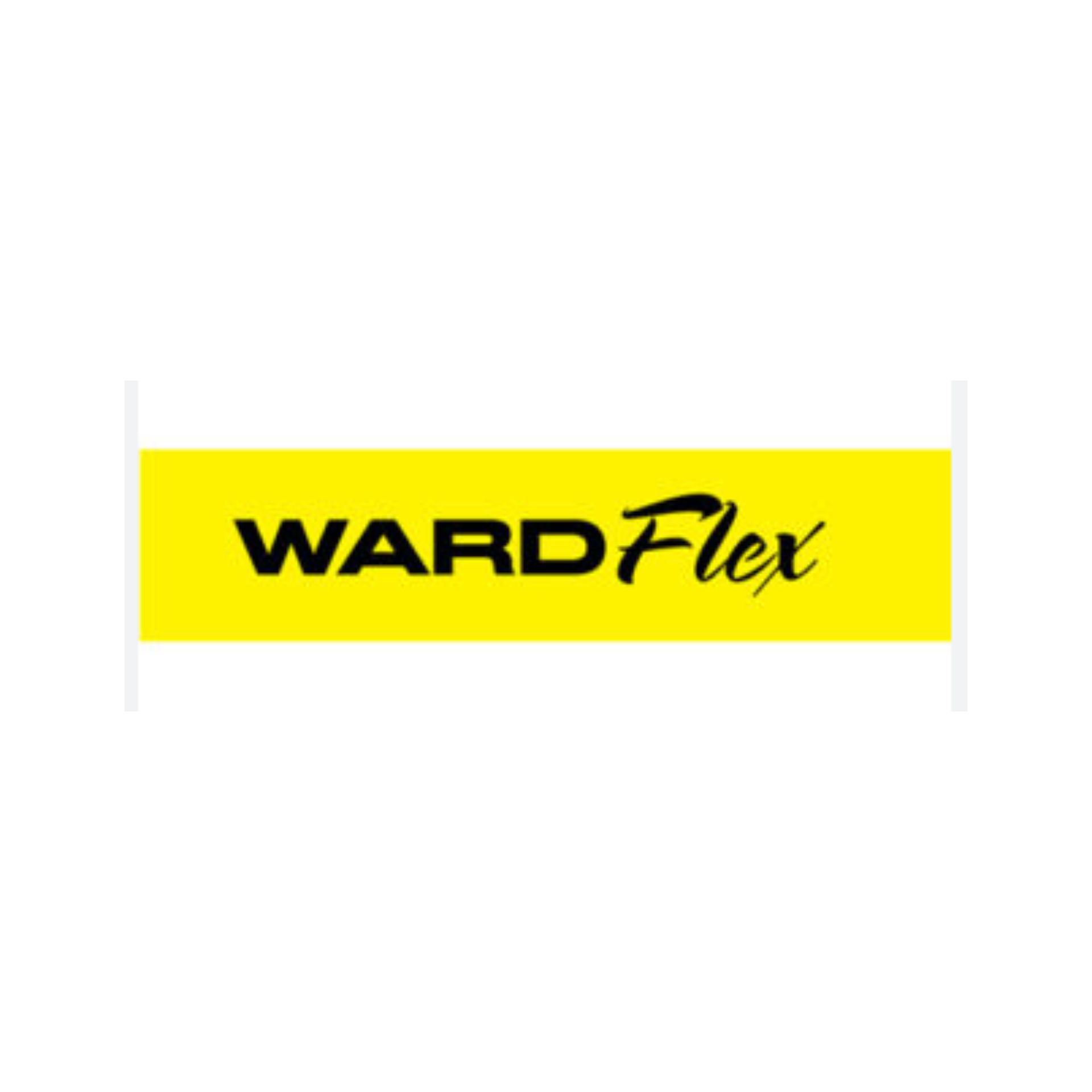 A yellow and black logo for ward flex on a white background.