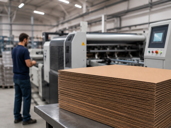 Pila di fogli di cartone ondulato su una linea di produzione, con un operaio e macchinari sullo sfondo.