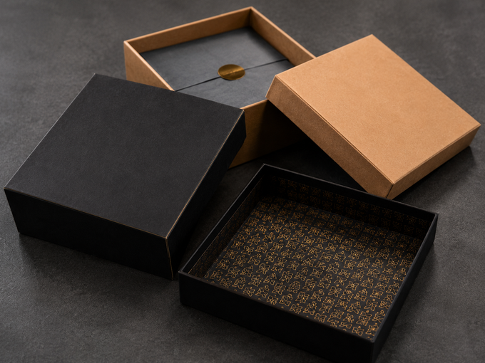 Tre scatole regalo quadrate aperte nei colori nero, beige e marrone su una superficie scura
