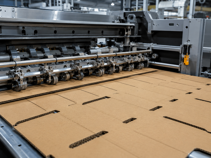 Macchina industriale per il taglio di fogli di cartone marrone su una linea di produzione
