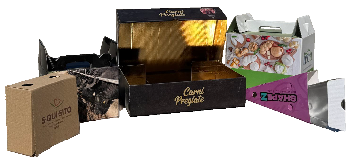 Scatole regalo e confezioni assortite nei colori marrone, nero, bianco, rosa e viola.