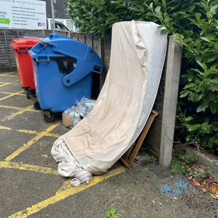 A discarded mattress and trash bins near a wooden fence and foliage on a paved area.