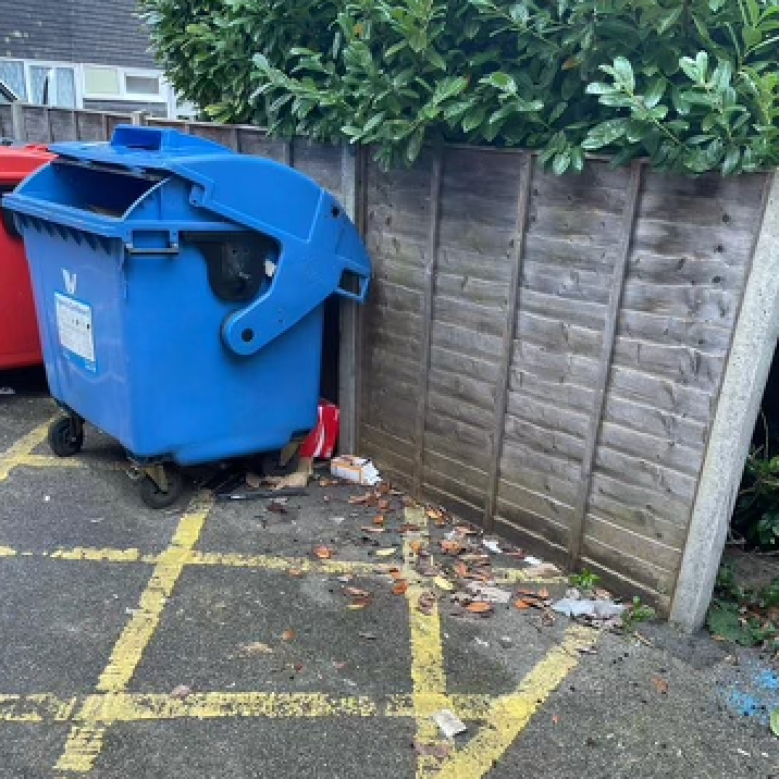 Blue recycling bin next to a wooden fence, with litter scattered on the ground.